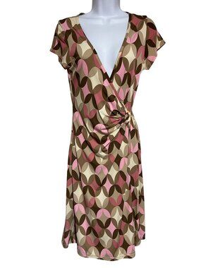 Dressbarn Womens Geometric Print Faux Wrap Dress Size Small Pink/Brown/Beige